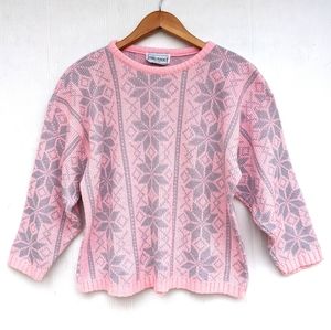 VINTAGE Kawaii Fairy Kei Pastel Pink Sparkle Snowflake Fair Isle Nordic Sweater